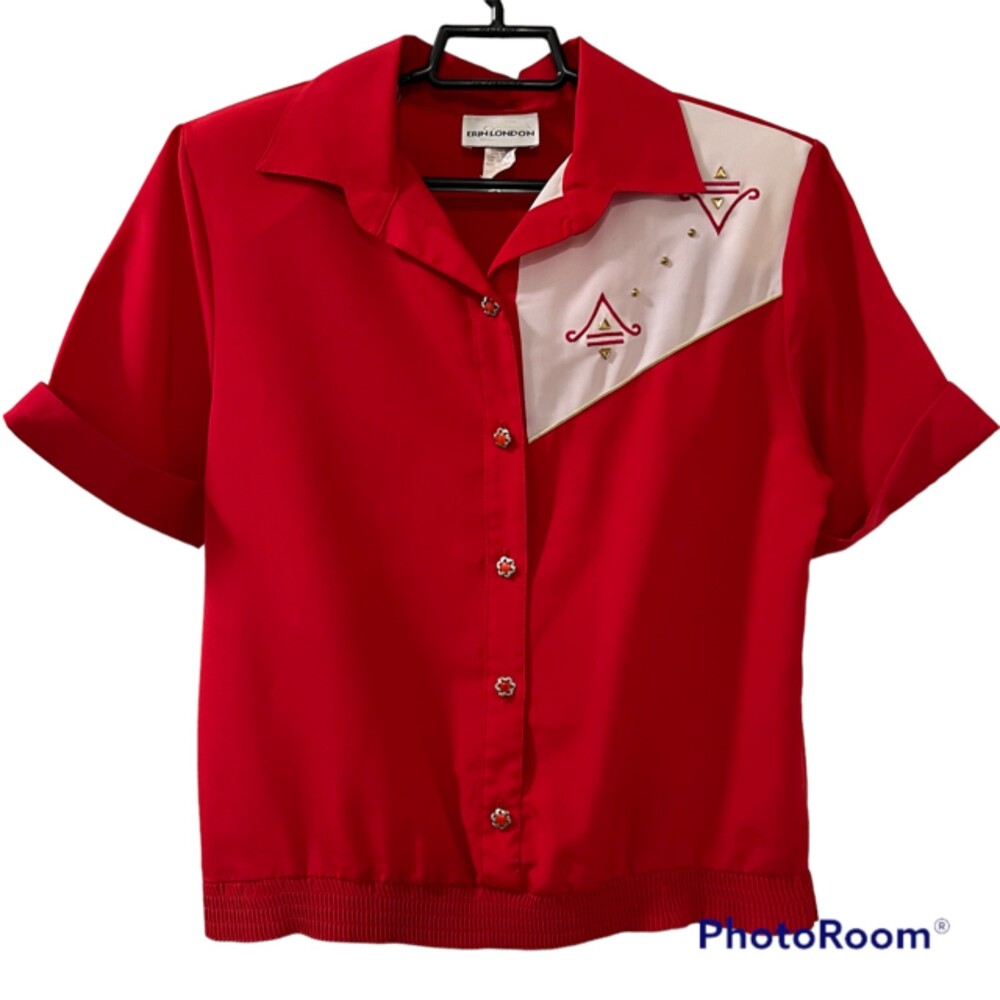 VTG ERIN LONDON Red Button Up Ribbed Hem Short Sleeve Top Size Sm P